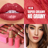 Metallic Pearl Diamond Luxury Lipstick Makeup 6-color Waterproof Long-lasting Sparkling Matte Lip Gloss Daily Beauty Accessories