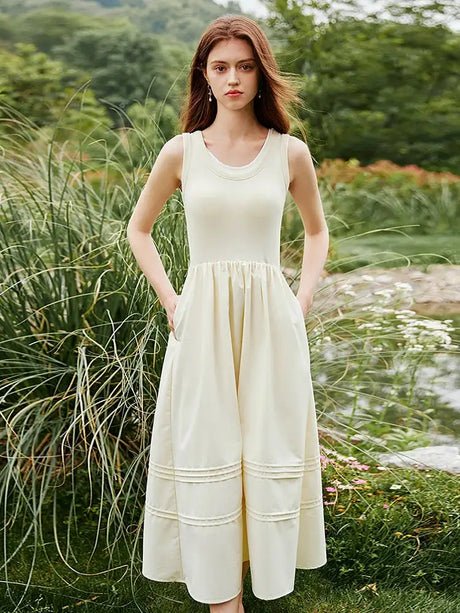 FSLE Classic Cleanfit Elegant Fake Two-pieces Vest Summer Women Long Dress 2024 New Versatile Casual A-Line Dress 24FS12982 - Lootquake