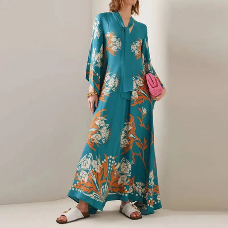 Ethnic Retro Spring Print Boho Long Dress Women Sexy Stand Collar Lace-up Party Dress Fall Long Sleeve Loose Ladies Maxi Dresses - Lootquake