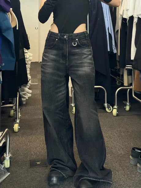 HOUZHOU Vintage Black Wide Leg Jeans Women Oversized High Street Korean Fashion Baggy Denim Trousers Grunge Y2k Female Hip Hop - Lootquake