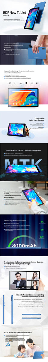 Tablette PC Android 5G BDF-Y7 de 10,1 pouces, Octa Core, 8 Go de RAM, 256 Go de ROM, 4G LTE, 5G, Wi-Fi, double SIM, double caméra, 8 000 mAh