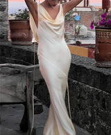 Fashion Women Satin Vintage Long Bodycon Dress Elegant Backless Spaghetti Strap Long Dress Y2K Sexy Low Cut Club Party Dress - Lootquake