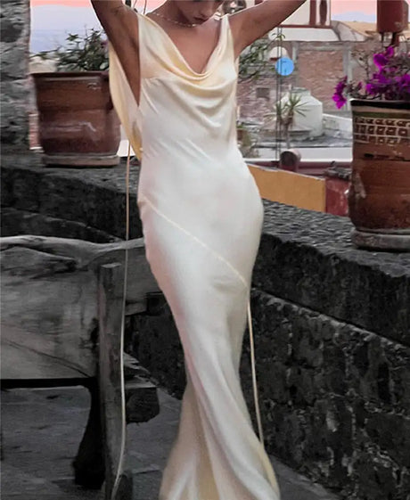 Fashion Women Satin Vintage Long Bodycon Dress Elegant Backless Spaghetti Strap Long Dress Y2K Sexy Low Cut Club Party Dress - Lootquake
