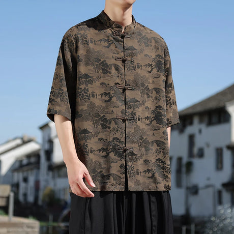 Plus Size Summer Mens Chinese Shirt Ice Silk Vintage Shirt Tang Suit Hanfu Tops Male Vintage Clothing Stand Collar Loose Shirts - Lootquake