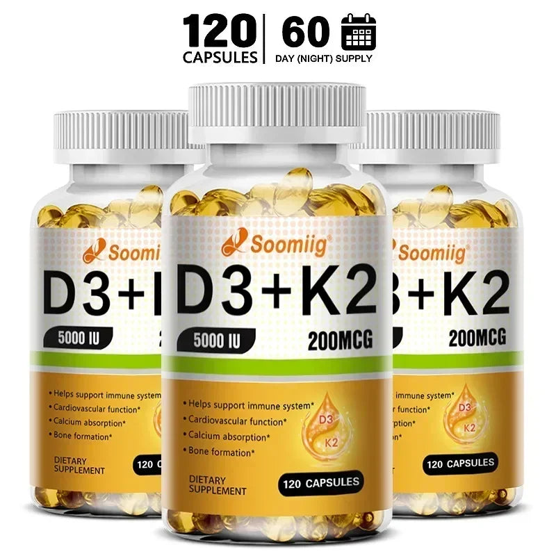 Cápsulas de vitamina D3 (5000 UI) y 200 mcg de vitamina K2 (MK-7) para la absorción de calcio, la regeneración ósea y el refuerzo inmunitario. Fáciles de disolver.