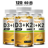 Cápsulas de vitamina D3 (5000 UI) y 200 mcg de vitamina K2 (MK-7) para la absorción de calcio, la regeneración ósea y el refuerzo inmunitario. Fáciles de disolver.