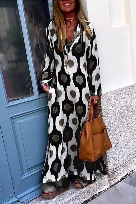 Bohemian Casual Print V-neck Long Dress Spring Autumn Vintage Mosaic Print Maxi Dress Loose Long Sleeve Holiday Dresses Vestido - Lootquake