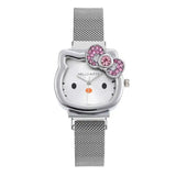 Hello Kitty Diamond  Watch Cat Bow Kawaii Pink Ladies Gold Sliver Metal Jewelry Cartoon Magnetic Watch Girlfriend Birthday - Lootquake