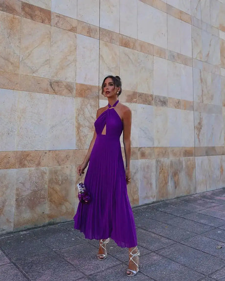 Hanging Neck Strap Split Long Dress Women Wrap Chest Backless High Waisted Slim Fit Robes Summer Chic Female Streetwear Vestido - Lootquake