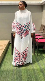 2024 Miyake Fashion Splicing Leopard Print Maxi Dress with Round Neck Hand Shake Flower Horn Sleeves Long Loose Fit Long Dress - Lootquake