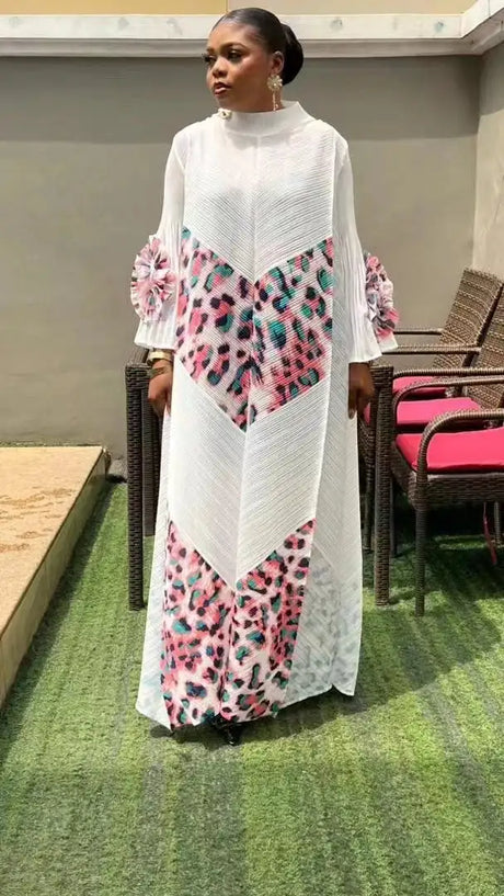 2024 Miyake Fashion Splicing Leopard Print Maxi Dress with Round Neck Hand Shake Flower Horn Sleeves Long Loose Fit Long Dress - Lootquake