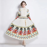 Spring Holiday Print Long Dress For Women Fashion Loose Lantern Sleeve Party Robe Female Big Swing Tassels Belt Pleated Clothes