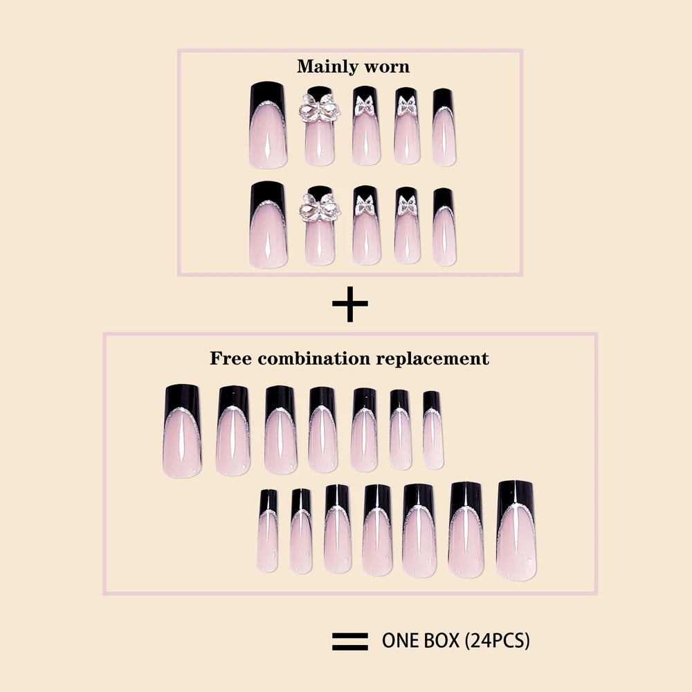 Luxury Women Girls Super Long Square Black French Sparkling Bow Decoration Full Coverage Wearable Fake Nail Press on Nail Art