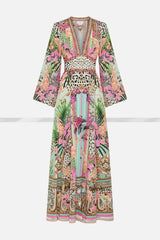 2024 Spring New V Neck Pink Leopard Print Heavy Beaded Women 100% Silk maxi long Dress - Lootquake