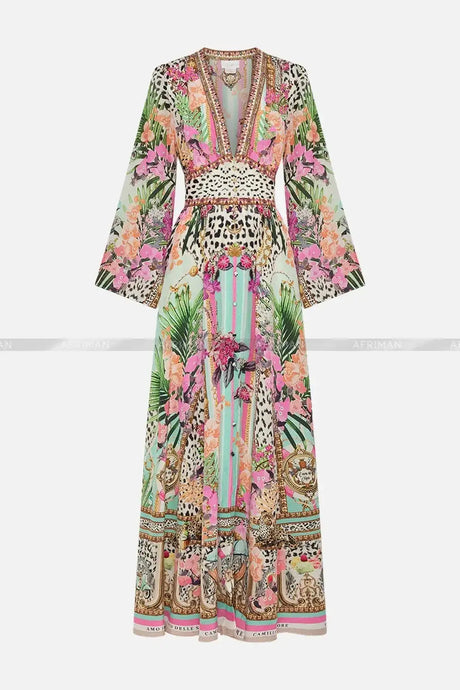 2024 Spring New V Neck Pink Leopard Print Heavy Beaded Women 100% Silk maxi long Dress - Lootquake