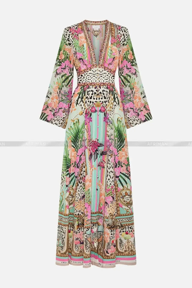 2024 Spring New V Neck Pink Leopard Print Heavy Beaded Women 100% Silk maxi long Dress - Lootquake