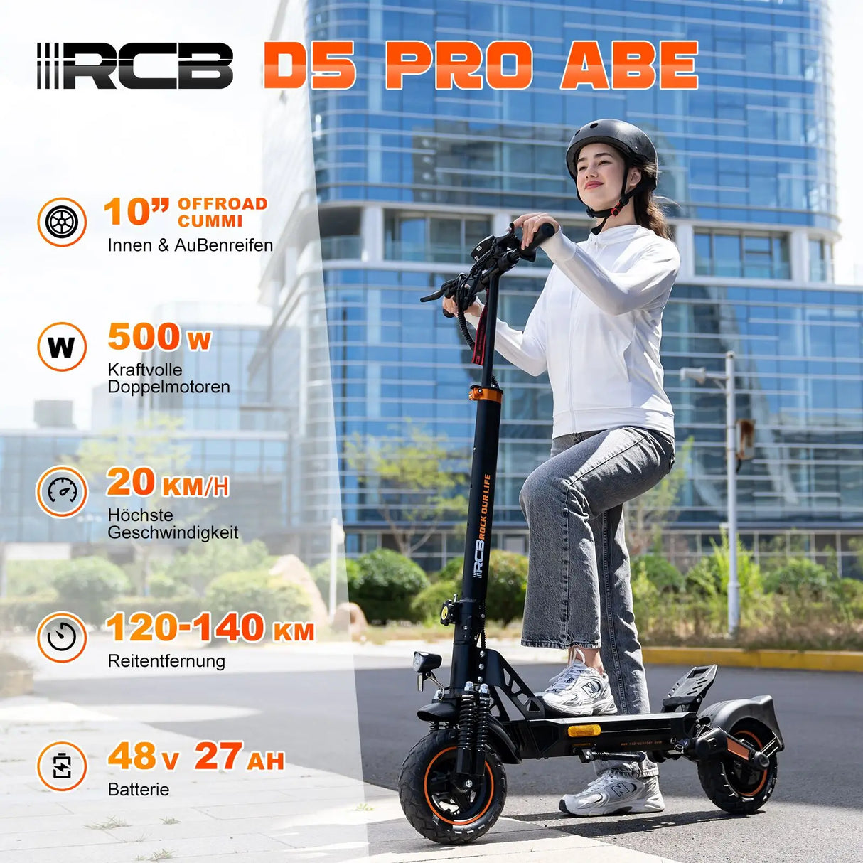 Trottinette électrique RCB D5, homologuée pour la route (ABE), moteur 500 W, pneus increvables 10 pouces, contrôle par application, double amortisseur