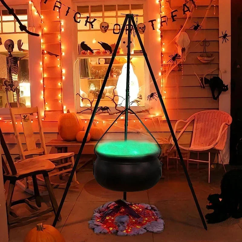 Décoration d'Halloween en plein air, grand chaudron de sorcière sur trépied avec lumières, seau à bonbons, feu de joie d'Halloween, décoration de fête de carnaval d'horreur