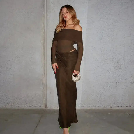 BOOFEENAA See Through Mesh Patchwork Black Long Dress Fall 2024 Sexy Elegant Off Shoulder Long Sleeve Cutout Dresses C66-EZ33 - Lootquake