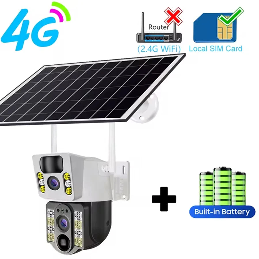 Cámara solar 4K con tarjeta SIM 4G, lente dual, 8MP, HD, visión nocturna, IP, CCTV, vigilancia, PTZ, PIR, detección humana, alarma, cámara impermeable