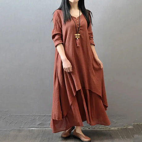 Women Elegant Linen White Dresses Bohemia Layering Vintage Robe Long Sleeve Loose Long Dress Female Autumn Vestidos - Lootquake
