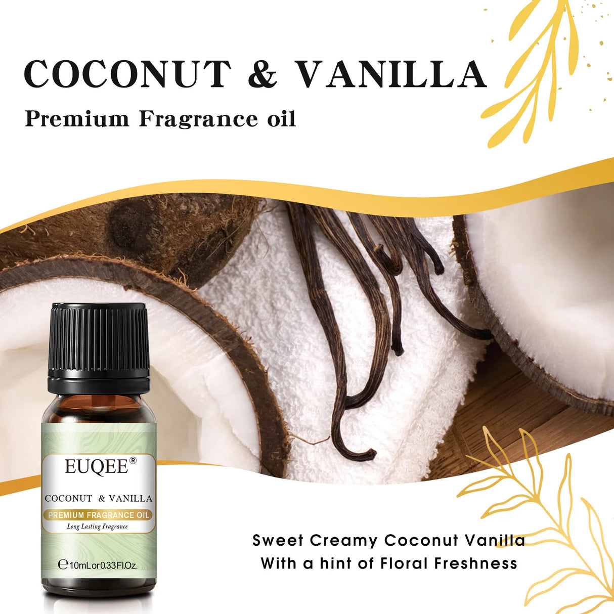 Huile parfumée EUQEE 10 ml, noix de coco, vanille, chewing-gum, pour la fabrication de bougies, de savons, de gâteaux au café et de bois de cèdre. Huiles aromatiques de qualité supérieure.