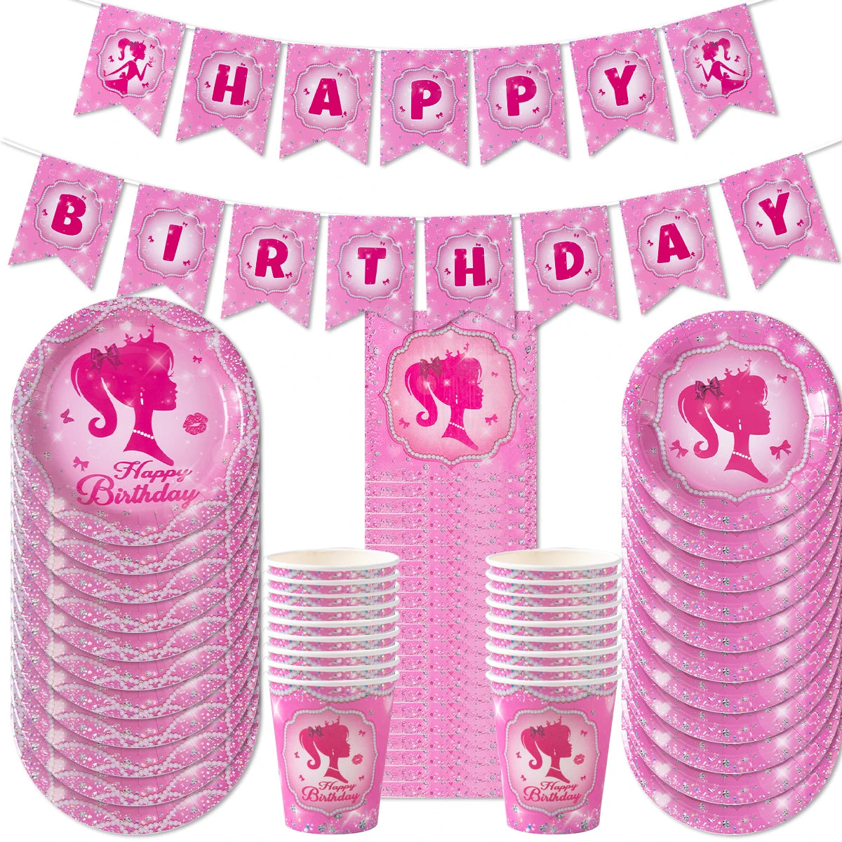 Décoration de fête d'anniversaire, vaisselle jetable rose, assiette en papier, gobelet, nappe, fournitures pour fête prénatale, anniversaire de fille