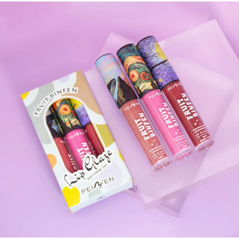 3pcs Oil Painting Lip Gloss Set,Mirror Water Glow Moisturizing Brighten Lipstick,Hydrating Nourishing Fruit Flavor Lip Care Balm