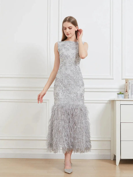 DEVCHATA New Organza Fishtail Long Dress Maxi Evening Sleeveless Bodycon Fitting Gown Feathers Women Robe Vestido - Lootquake