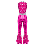 Womens Halloween Retro Hippie Cosplay Costume Party Hip-hop Dance Costume Metallic Shiny Vintage Carnival Bodysuit Jumpsuit
