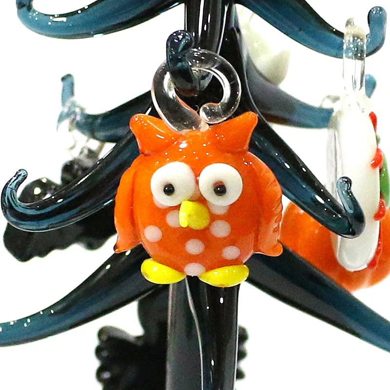 Halloween Decor Cute Glass Tree Figurine Ornaments with Mini Owl Spider Bat Pumpkin Cross Ghost Evil Eye Heart Moon Hat Pendant