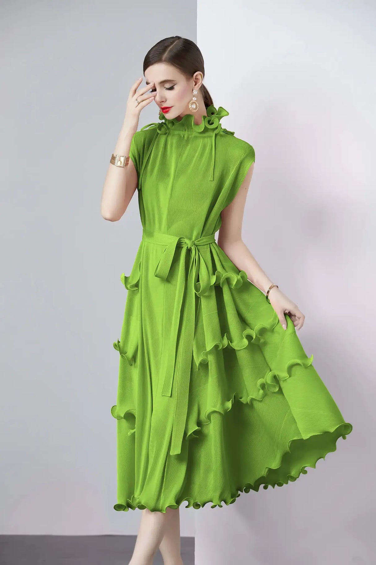Miyake Pleated Shoulder Bag Heavy Industry Wood Ear Edge Pleated Lace-up Belt Long Dress Stand Collar Plus Size Women's Clothing