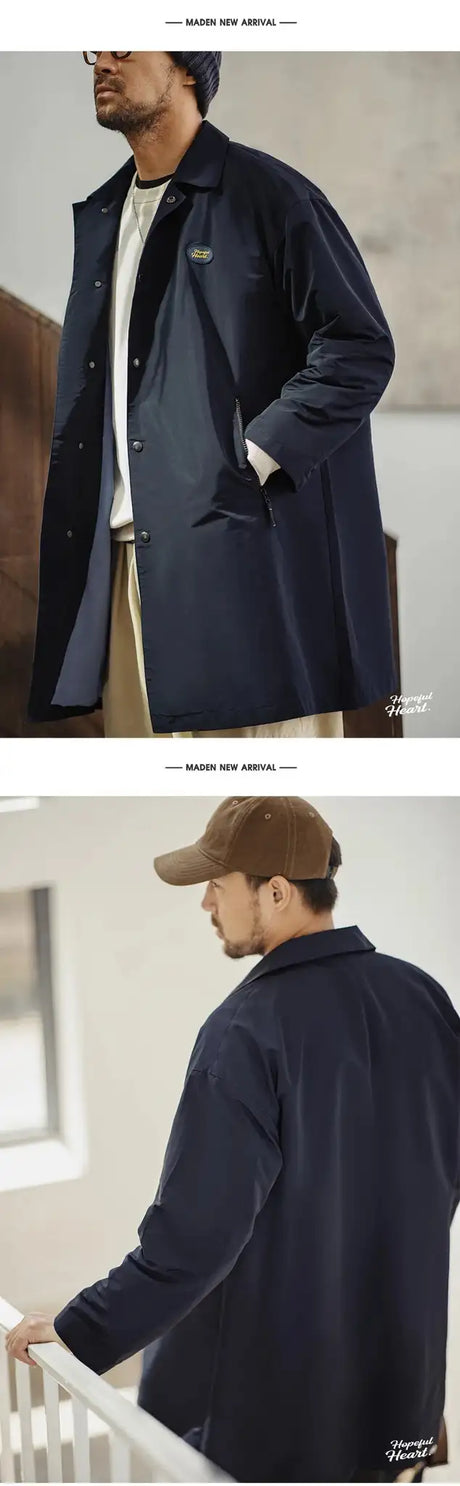 Maden Men's Vintage Balmacaan Waterproof Windbreaker Coat Single-Breasted Mid-Length Classic Collar Jacket for Spring and Autumn - Lootquake