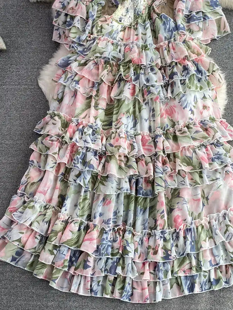 Summer New Off Shoulder  Wrap Waist to Show Thin A-line Fragmented Cake Dress Women's Beach Vacation Chiffon Long Dress GD820 - Lootquake