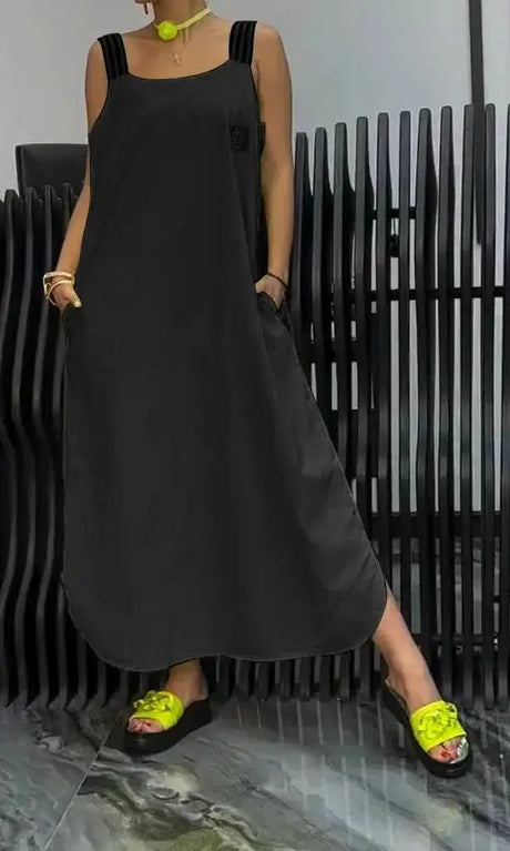 Summer Fashion Solid Cotton Linen Dresses Women Sexy Square Neck Sleeveless Suspender Slit Long Dress Casual Loose Dress Woman - Lootquake