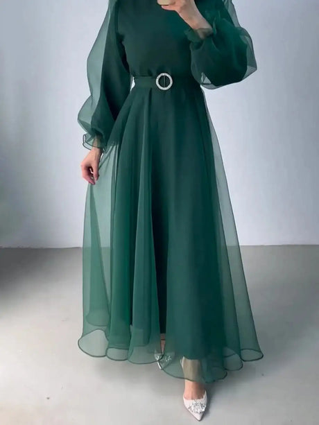 Spring Elegant Mesh Dress Muslim Women Fashion Solid High Waist Mesh Lantern Sleeves Long Dress Women - Lootquake