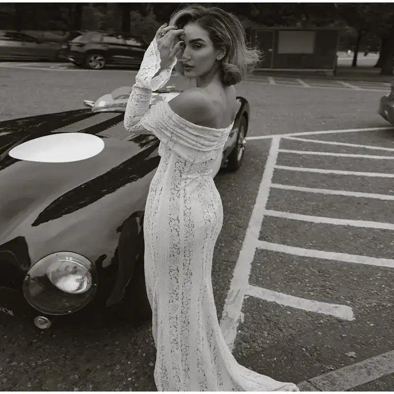 Lace Hollow Out One-shoulder Slim Long Dress For Women Solid Lace Up Waistless Dresses 2024 Chic Sexy Female Party Date Robes - Lootquake