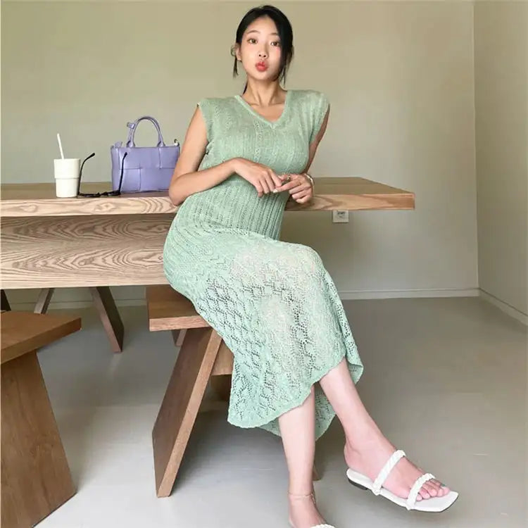Summer High Quality Korean Simple Hollow Out Vest Knit Sweater Dress Women Japanese Gentle V-Neck Slim Elastic Knit Long Dress - Lootquake
