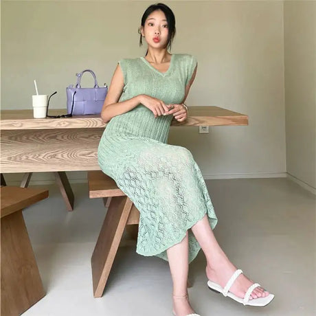 Summer High Quality Korean Simple Hollow Out Vest Knit Sweater Dress Women Japanese Gentle V-Neck Slim Elastic Knit Long Dress - Lootquake