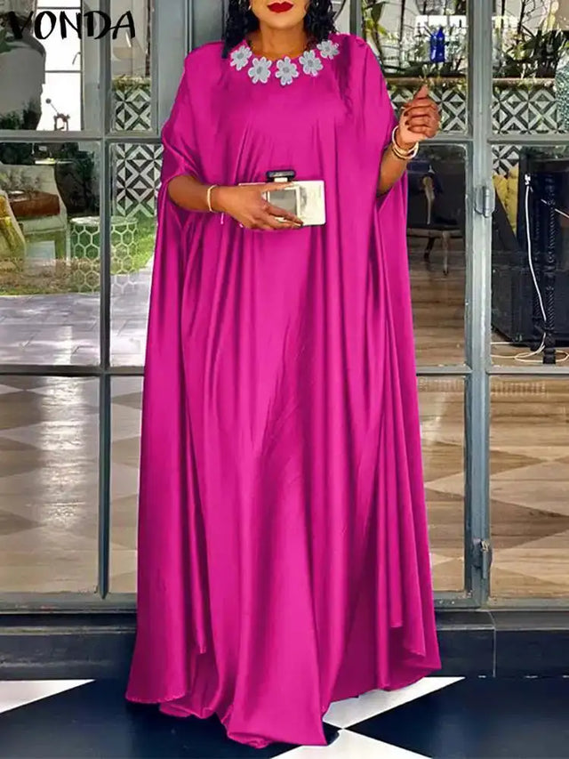 VONDA 2024 Elegant Women Satin Long Dress Autumn Maxi Sundress Elegant O-Neck 3/4 Bat Sleeve Casual Vestido Party Robe Oversize - Lootquake