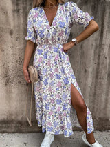 Vestido de verano con estampado floral para mujer, cuello en V, abertura lateral, largo, elegante, manga corta, botones, ajustado, para fiesta de primavera