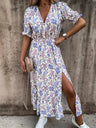 Vestido de verano con estampado floral para mujer, cuello en V, abertura lateral, largo, elegante, manga corta, botones, ajustado, para fiesta de primavera