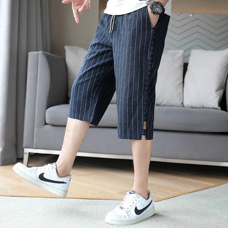 Summer New Trend Cotton Hemp Thin Straight Casual Capris Men Print Stripe Elastic Waist Drawstring Pocket Versatile Loose Shorts - Lootquake