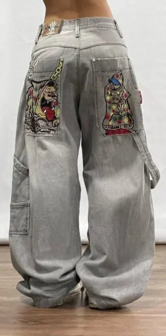 Retro southpole jeans skull watermark loose jeans men women y2k harajuku gothic hip hop skateboard pants street wear mom jeans - Lootquake