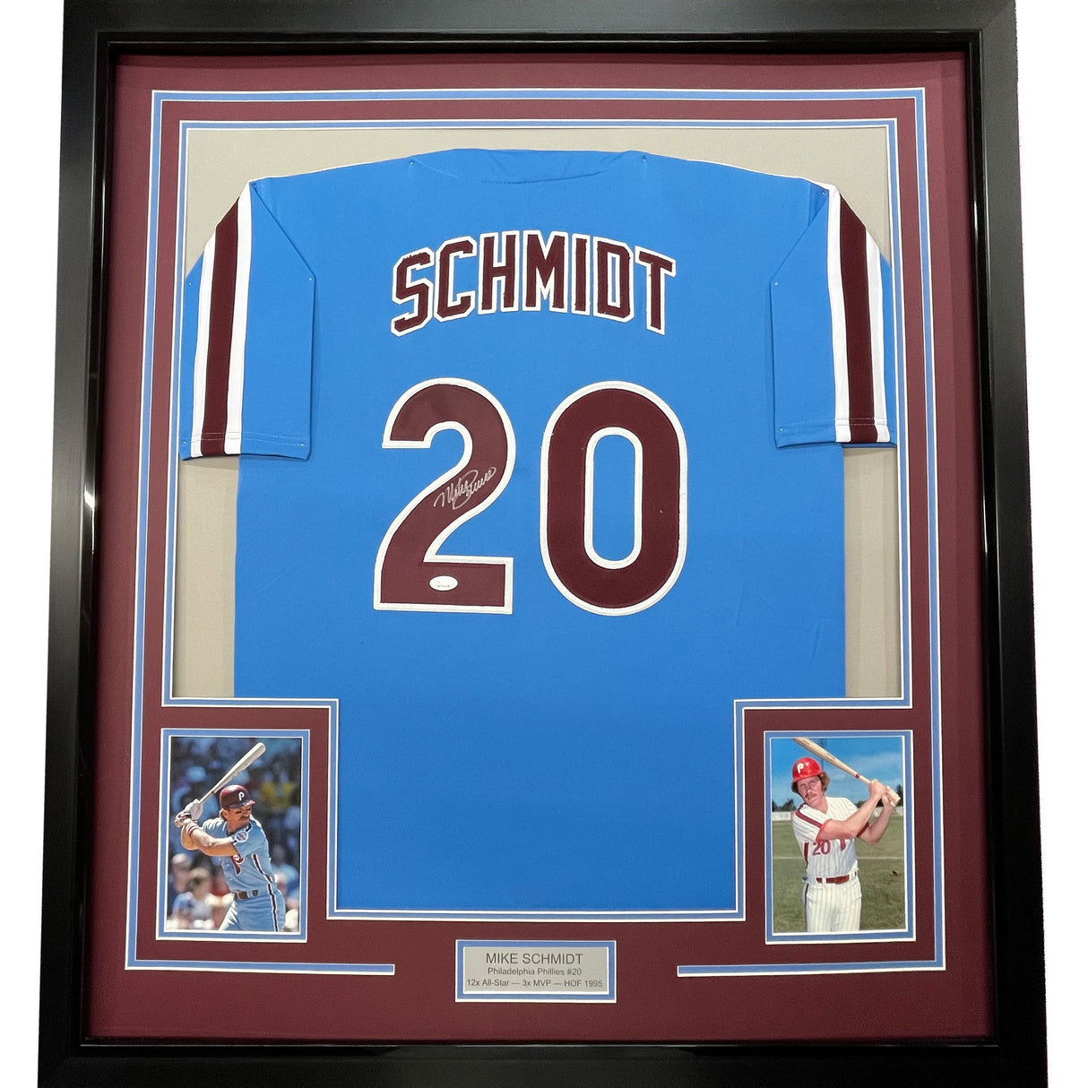 Camiseta de béisbol azul retro de Filadelfia de 35 x 39, enmarcada, autografiada y firmada por Mike Schmidt (JSA COA)