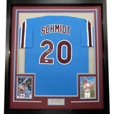 Camiseta de béisbol azul retro de Filadelfia de 35 x 39, enmarcada, autografiada y firmada por Mike Schmidt (JSA COA)
