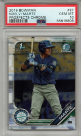 Tarjeta de béisbol Topps Bowman Noelvi Marte #97 Prospects Chrome Rookie RC PSA 10 Gem Mint (clasificada en 2019)