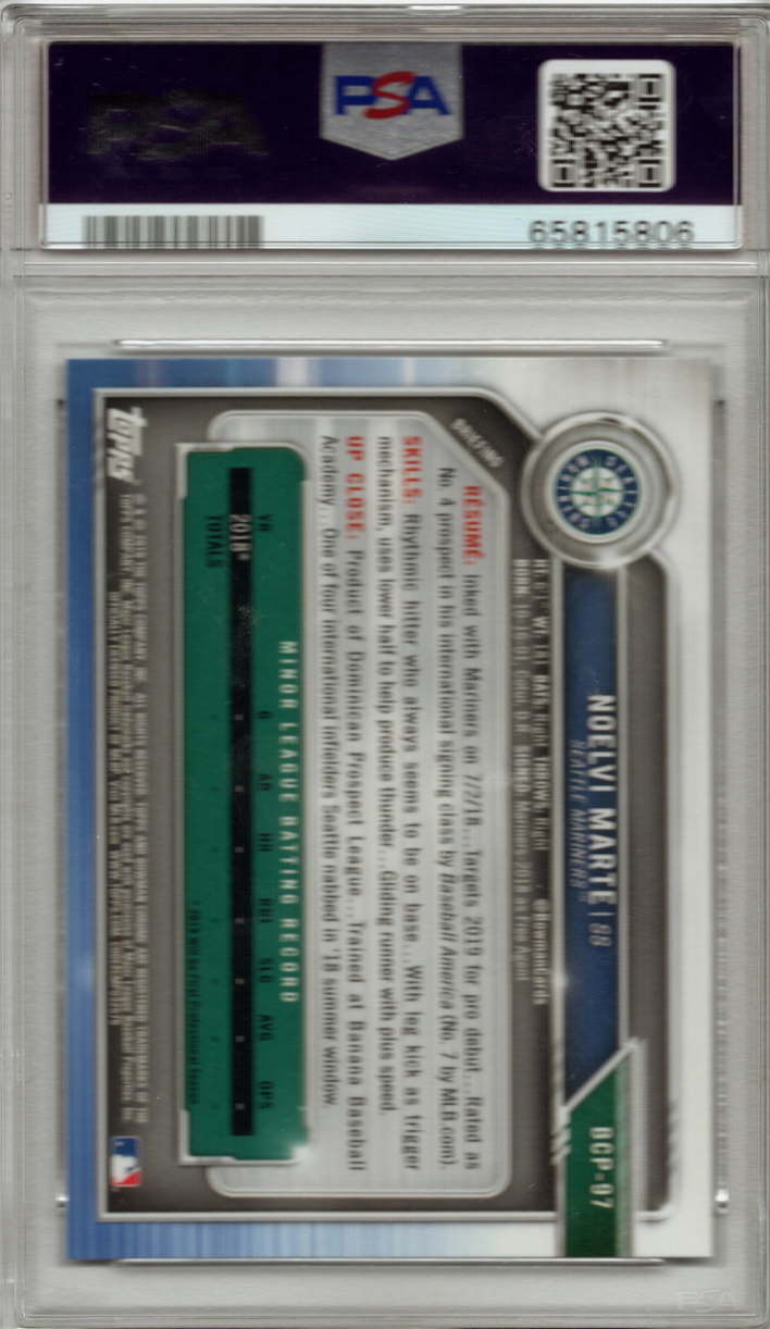 Tarjeta de béisbol Topps Bowman Noelvi Marte #97 Prospects Chrome Rookie RC PSA 10 Gem Mint (clasificada en 2019)