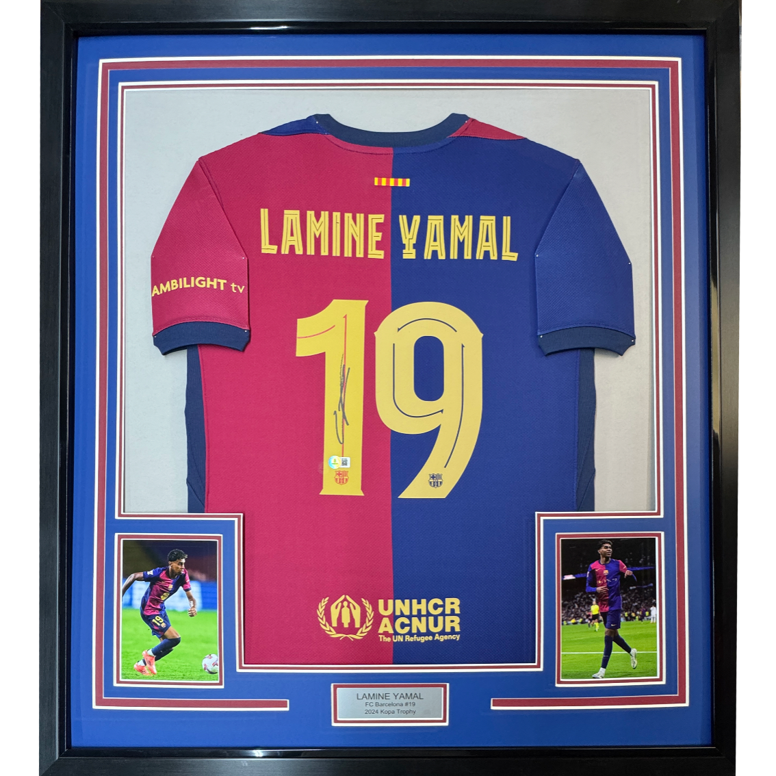 Lámina Yamal enmarcada, autografiada y firmada, 35 x 39, camiseta de fútbol azul del FC Barcelona, ​​Beckett BAS COA