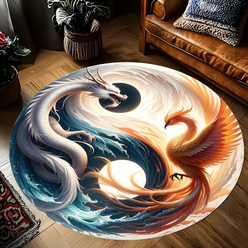 Tapis rond imprimé Yin Yang Dragon et Phénix pour la maison, le salon, la chambre à coucher, antidérapant, lavable, en flanelle